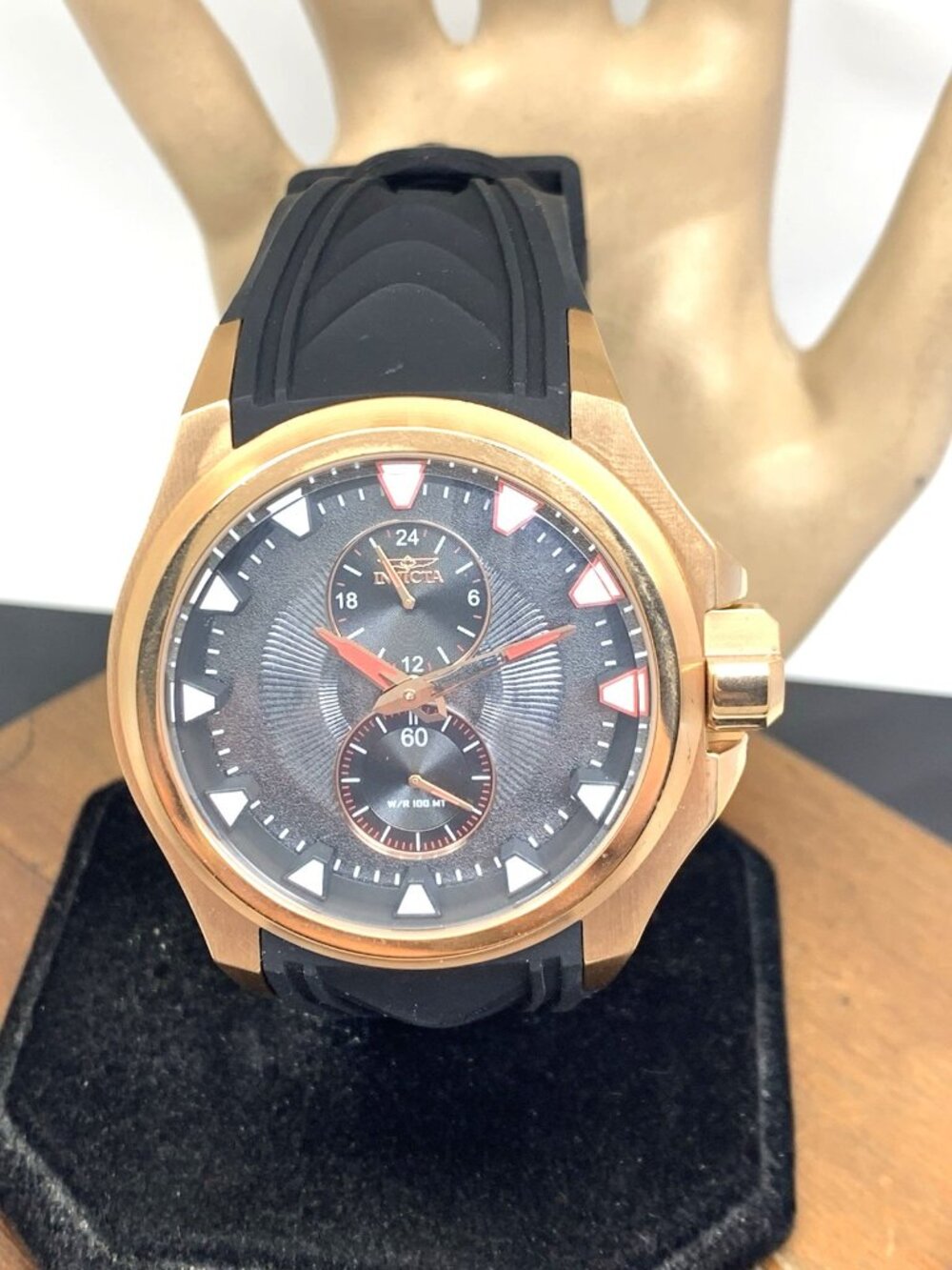 Invicta Men's Watch 38015 S1 Rally Quartz Black Dial Rose Gold Rubber Band 47mm
